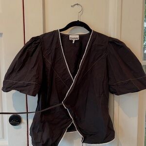 Ganni Black Puff Sleeved Top